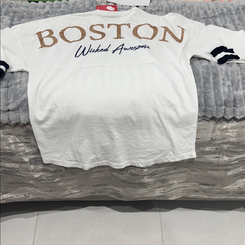Spirit Jersey White Crew Neck T-Shirt NWT with Boston written on back